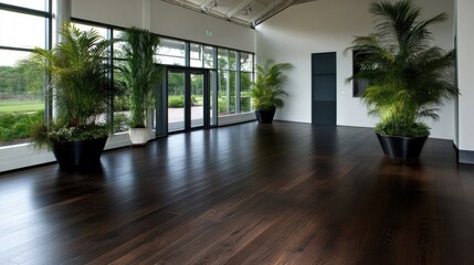 Obraz premium Spacious interior with dark wood flooring and tropical plants