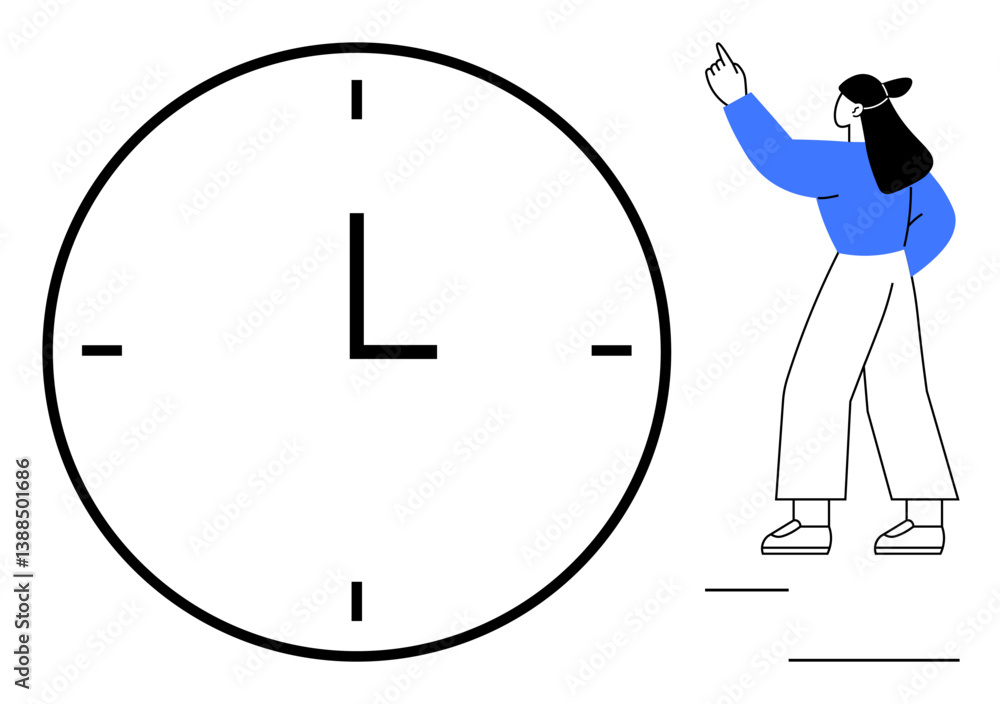 Poster large clock without numbers and woman pointing upward. ideal for time management, scheduling, punctu