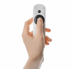 Woman with remote control on white background, closeup
