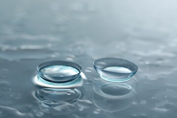 Pair of contact lenses and water drops on grey mirror surface, closeup