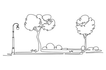 spring summer park with trees, grass, walkway road. Park concept. Single line draw design. Vector graphic illustration
