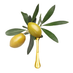 Olives with green leaves and oil drop on white background
