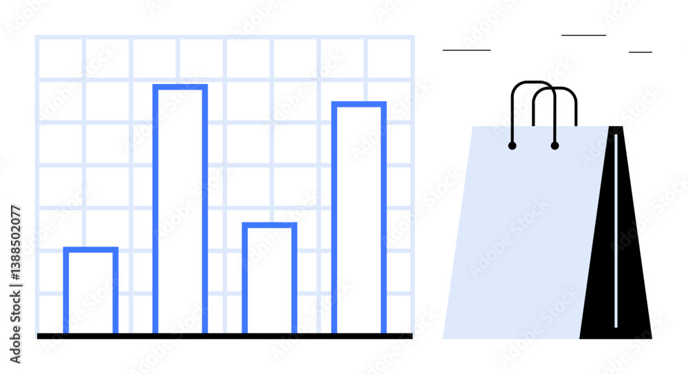 Poster bar chart representing data on grid and shopping bag illustrating connection of sales analysis, tren