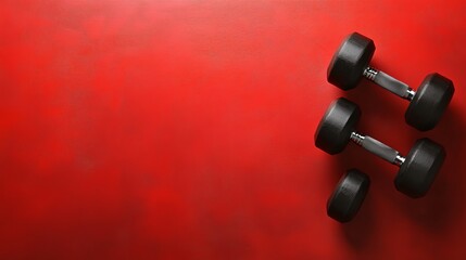 Dumbbells on red background, flat lay. Space for text