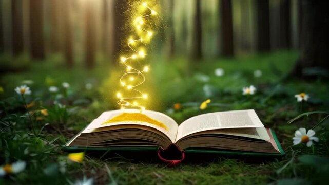 Open magic book with growing lights, magic powder, butterflies. Magic book of elves in the fairy forest, knowledge and magic concept, created with generative ai
