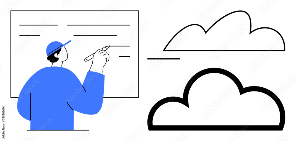 Poster man in cap writing notes or sketches on board, connecting with cloud shapes. ideal for education, br