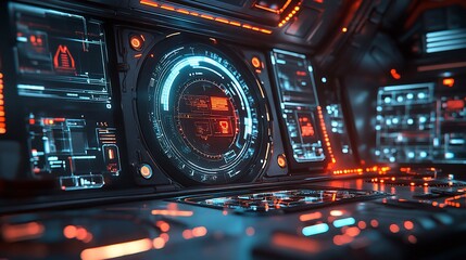 Obraz premium Futuristic Control Panel Interface Displaying Complex Systems and Data