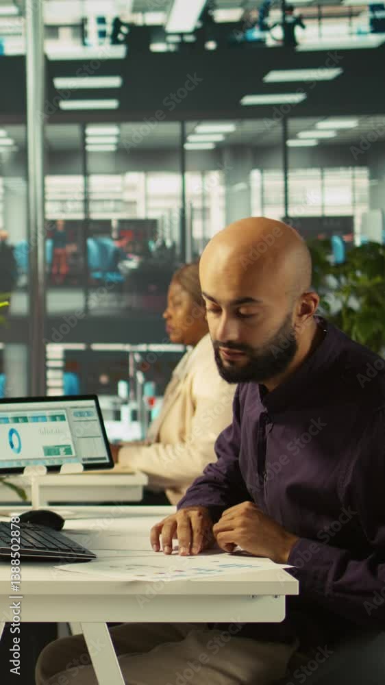 Poster vertical video employee editing documents on desktop computer at office desk, updating reports and f