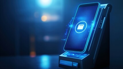 Sleek smartphone interacts with modern POS terminal for seamless contactless payment in a minimalistic fintech environment