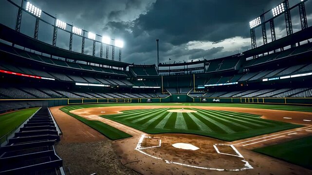 Empty baseball stadium with dramatic cloudy sky before game time