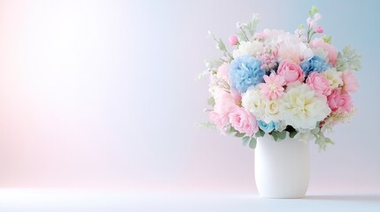 Delicate pastel floral arrangement in a vase.  Soft, pretty bouquet of various pastel colored flowers
