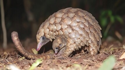 Obraz premium Pangolin mother carrying pup tail Asian rainforest floor golden hour through canopy