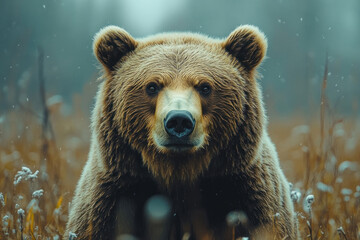 Obraz premium a powerful brown bear looking straight at the camera. He stands in a field surrounded by dry grass and light snowfall. 