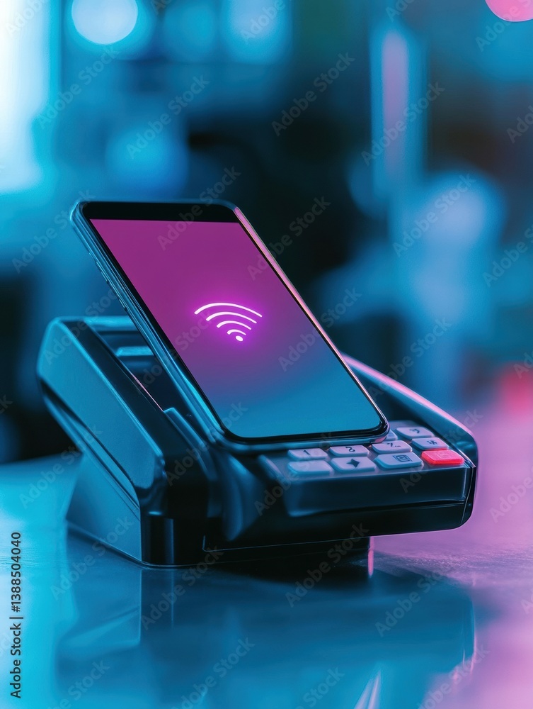 Poster sleek smartphone engages in contactless payment with modern pos terminal in a minimalistic fintech e