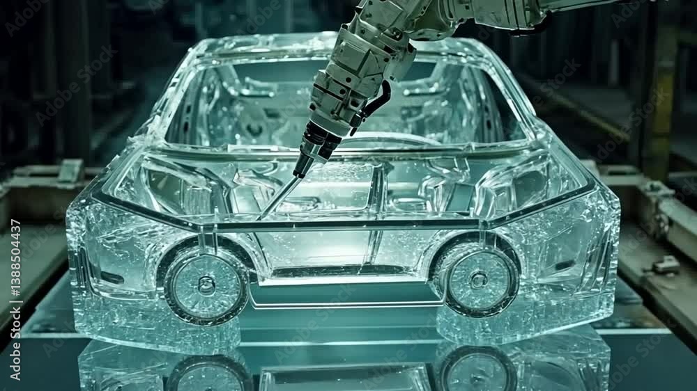 Poster robotic arm assembling prototype car in manufacturing facility generative ai