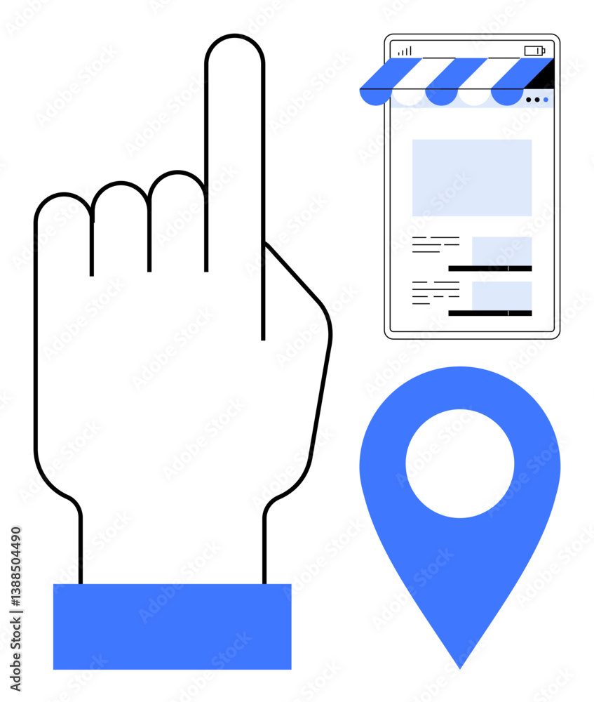 Poster pointing hand, smartphone with web storefront, and location marker combine to highlight e-commerce u