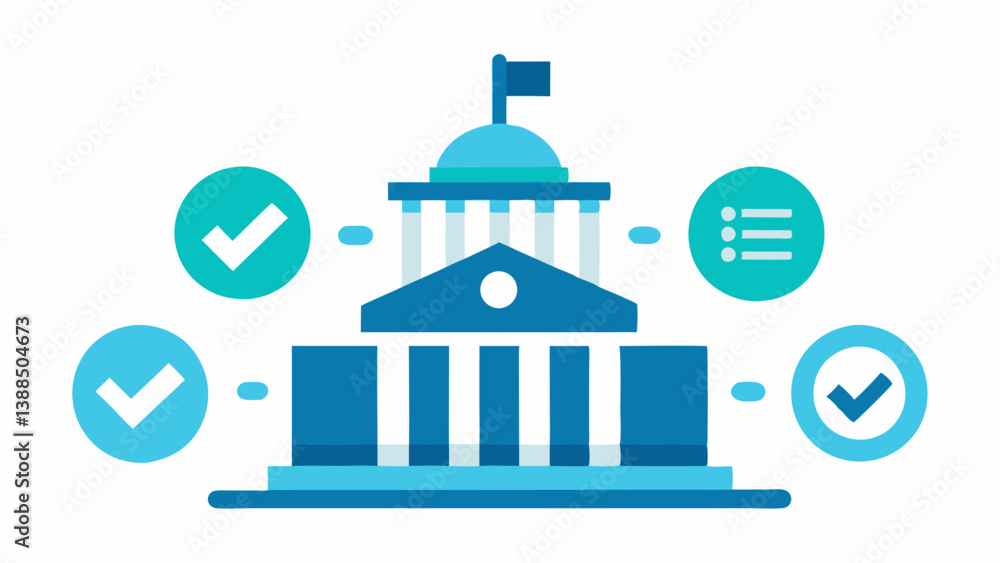Aufkleber regulatory compliance a government building icon with check marks demonstrating how blockchain provi