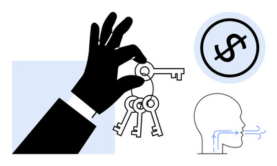 Silhouetted hand holding keys alongside a head with speech and airflow illustration and a circle containing a monetary symbol. Ideal for finance, communication, strategy, success, creativity