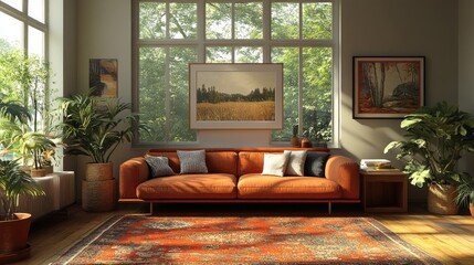 Obraz premium Sunlit Living Room with Orange Sofa and Lush Greenery