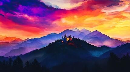 Fototapeta premium Enchanting Castle Perched Atop a Misty Mountain Range Under Vivid Skies