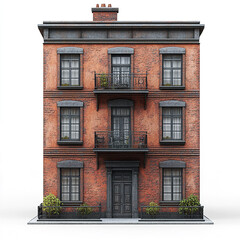Naklejka premium red brick building with black accents and balconies isolated on white
