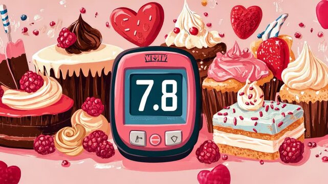 Colorful glucometer surrounded by sweet desserts illustrating sugar levels and diabetes concept