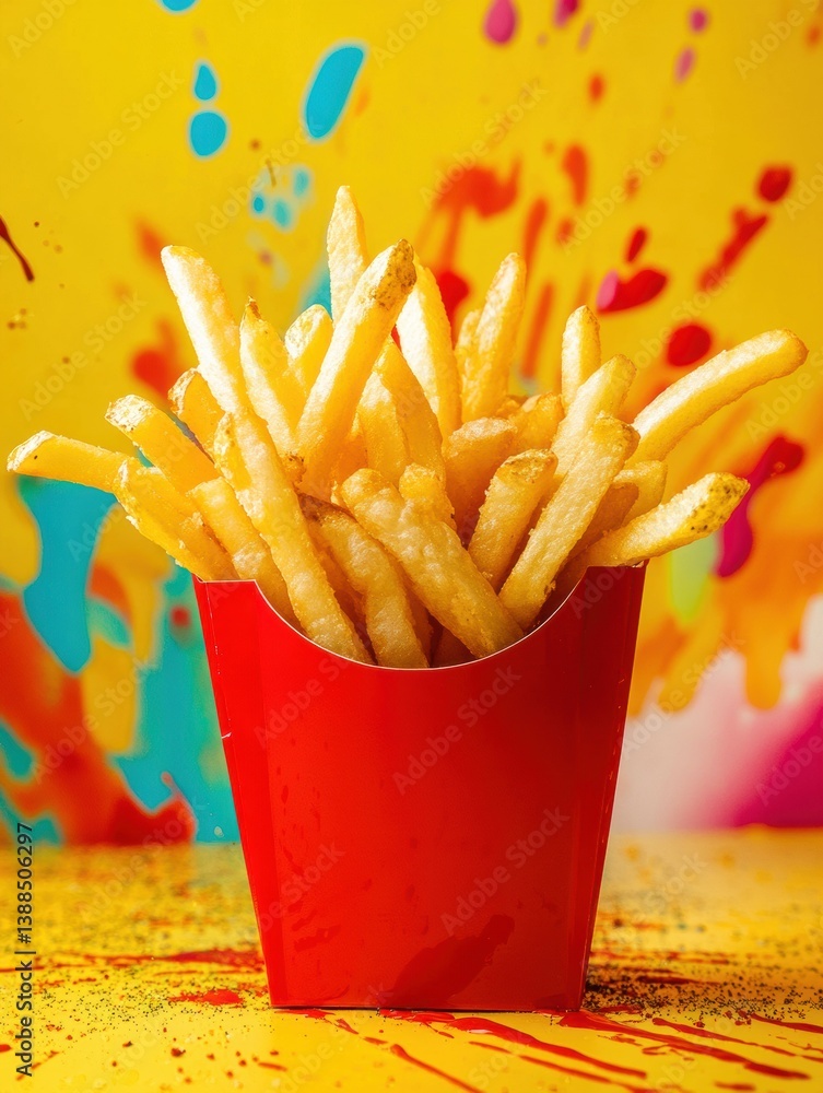 Poster golden crispy french fries in vibrant red container with colorful splashes background for a fun food