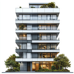 Obraz premium Modern apartment building with trees on balconies, isolated on white