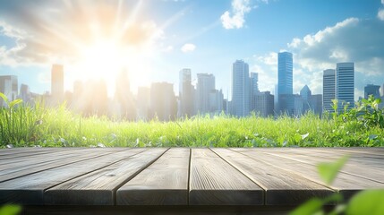 Fototapeta premium A wooden stage on a spring day with buildings and a skyscraper background.