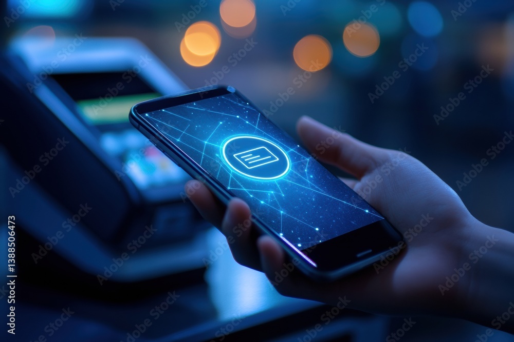 Poster sleek smartphone enables nfc payment at modern pos terminal with a glowing icon in a minimalistic fi