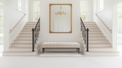 Obraz premium Symmetrical staircase hall with a bench and mirror