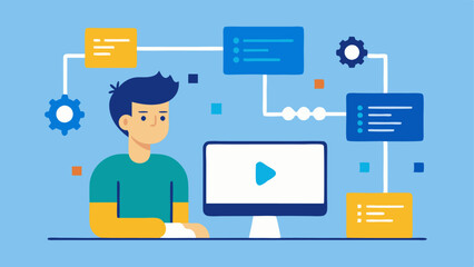 Continuous Integration An illustration of a developer setting up a continuous integration pipeline on a computer screen with code deployment flowcharts showing automated processes.