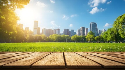 Fototapeta premium A wooden stage on a spring day with buildings and a skyscraper background.