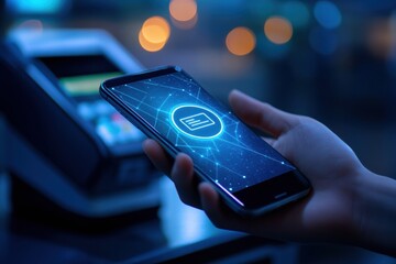 Sleek smartphone enables NFC payment at modern POS terminal with a glowing icon in a minimalistic fintech environment