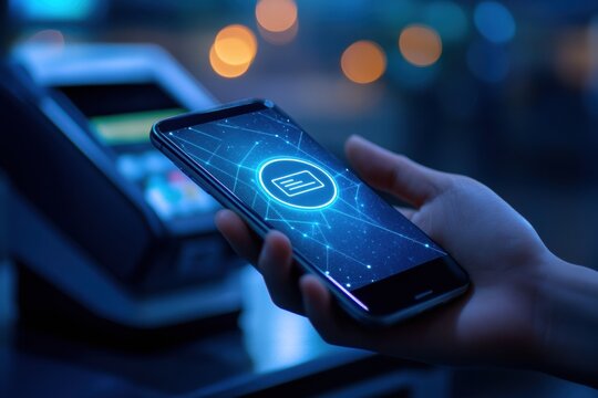 Sleek smartphone enables NFC payment at modern POS terminal with a glowing icon in a minimalistic fintech environment
