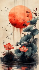 Tranquil Lotus Flowers with Green Leaves and Warm Orange Sun

