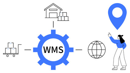 Warehouse, cart with boxes, gear labeled WMS, globe, map pin, person pointing. Ideal for logistics, supply chain technology inventory automation distribution warehouse management. Flat simple