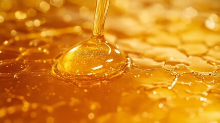 Golden honey dripping in close-up view