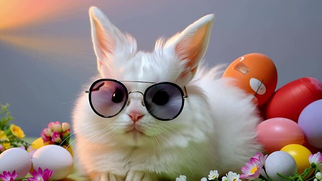 A cute Easter Bunny with fluffy white fur and oversized sunglasses peeks playfully from the center of a soft, colorful background
