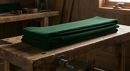 Dark Green Fabric Stacked On Rustic Wooden Workshop Table