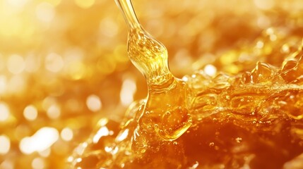 Golden honey dripping in close-up view