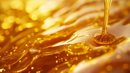 Golden honey dripping in close-up view