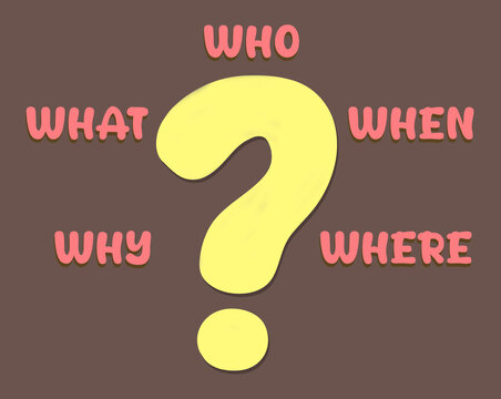 The five Ws of journalism writing are seen with a question mark. The five questions to be answered in a new article is who, what, when, where and why. This is a 3-d illustration.