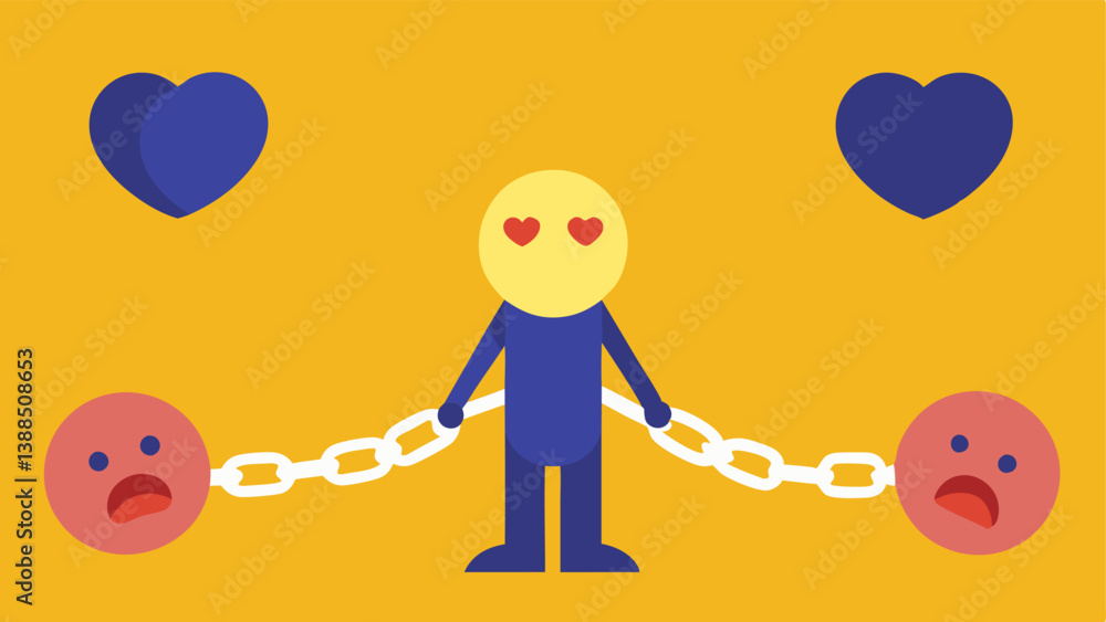 Poster heart emoji chains a figure with chains made of heart emojis trying to break free symbolizing how th