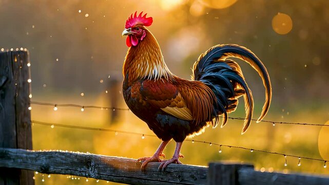 Proud rooster standing on wooden fence at sunrise with sparkling morning dew