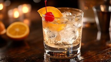 Craft Cocktail Served on the Rocks Garnished with Orange Slice and Cherry