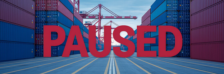 Illustration of paused international product shipping exports imports image of containers with red sign banner concept 