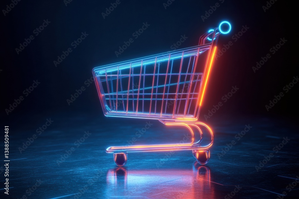 Aufkleber sleek minimalistic shopping cart icon with glowing digital lines on deep blue background showcasing 
