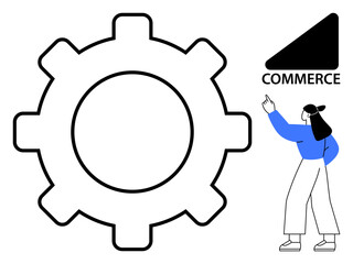 Large gear icon alongside a person pointing at a commerce label conveys teamwork, system optimization, and business framework. Ideal for commerce, process setup, teamwork, innovation, efficiency