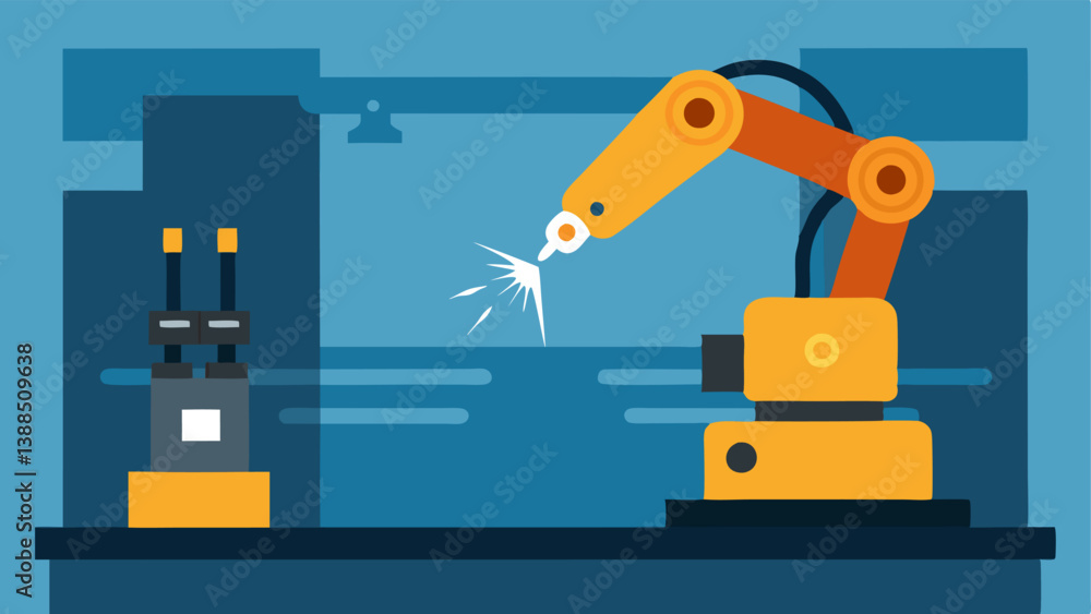 Poster precision welding robot a robotic arm with a welding tool performs precise welding on metal parts wi